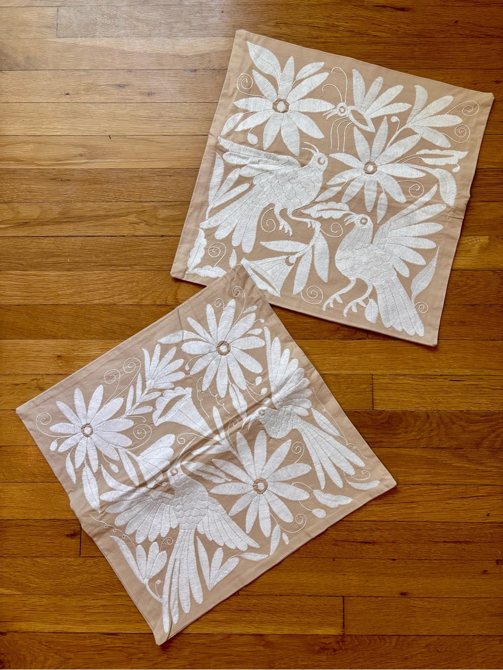 Set of Otomi Hand Embroidered Pillow Covers White on Tan